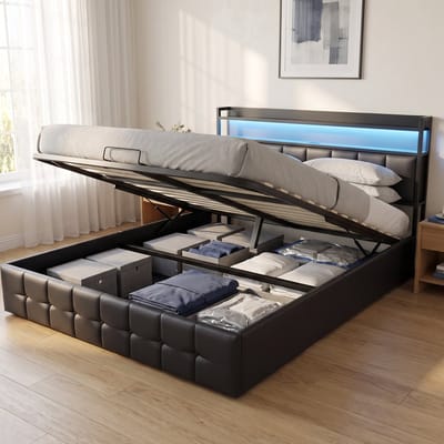 Gestoffeerd Tweepersoonsbed - Opbergbed 160x200 cm met lattenbodem - met LED en USB - Kunstleer - Modern - Zwart