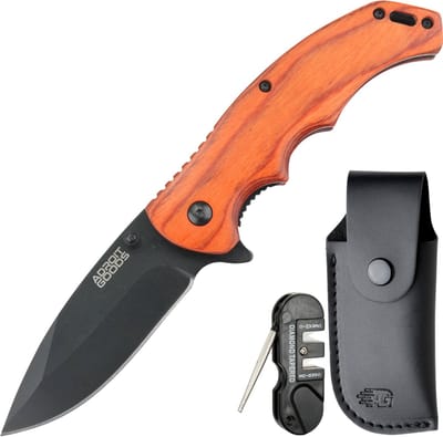 AdroitGoods RVS zakmes met rood sandelhout, incl. hoes en slijptool - Premium Mini Opvouwbaar Zakmes – 9 cm 5Cr13 Roestvrijstalen Snede, 3.0 mm Dikke Constructie & Massief Houten Handgreep voor Outdoor, Kamperen, Dagelijks Gebruik en Survival