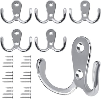 Retro Metalen Kledinghaken Set van 6 - Dubbele Wandhaken voor Kleding, Badkamer en Keuken met 24 Schroeven