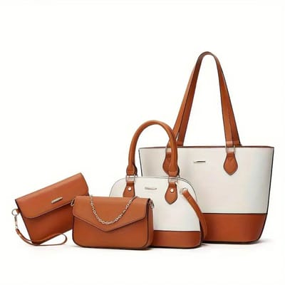 Bovista Handtas Dames - Schoudertas - School - Shopper - Schooltas - Werktas - 4-Delige Set - Wit/Bruin