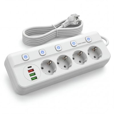 Oneproduct Stekkerdoos Wit - USB Stekkerdoos - 4 Stopcontacten - 4 USB Poorten - Met Schakelaar - 2 Meter Snoer