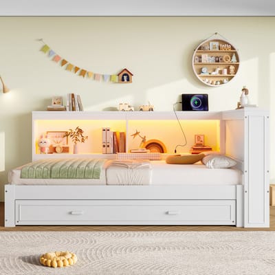 90x200 cm slaapbank - met uitschuifbaar bed - met LED-verlichting - met stopcontact - USB-poort en Type-C-poort - zonder matras - wit