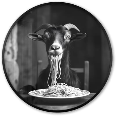 Poster in lijst Rond - Fotolijst 60x60 cm - Posters - Geit - Bord - Spaghetti - Zwart Wit - Ronde posterlijst zwart - Decoratie - Wanddecoratie woonkamer - Muurdecoratie slaapkamer