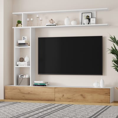 Sweiko TV-meubel set - Met vitrinekast - Wandplanken - 180*35*150 cm - Wit + Natuurlijke