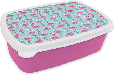 Broodtrommel Roze - Lunchbox - Brooddoos - Flamingo - Stippen - Dieren - Patroon - 18x12x6 cm - Kinderen - Meisje