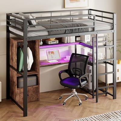Komhtom Hoogslaper, 90 x 200 cm, metalen bed, met ledlampjes, bureau, 1 lade, planken, veiligheidshekken, trap, zonder matras, EN747-gecertificeerd, zwart