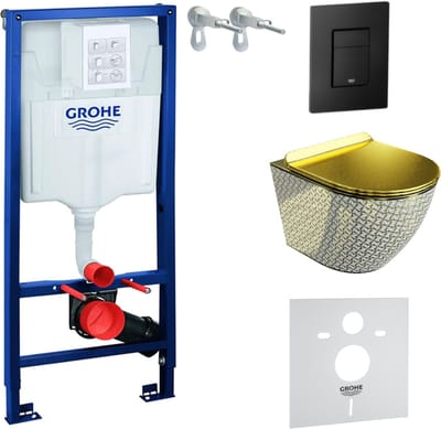 GROHE SOLIDO SOFI GOLDEN NEVER DIE - Inbouwreservoir 50cm - Zwarte EVEN Drukplaat - Randloos Hangtoilet - Toiletset