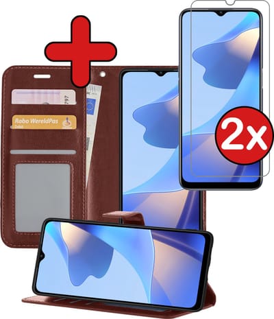 Hoesje - Met 2x Screenprotector - Geschikt voor OPPO A16s - Luxe Pasjeshouder - Flip Case - Bookcase Portemonee - Kunstleer Book Case - Flipcase Hoes - Book Cover - Walletcase - Portemonneehoes - Telefoonhoes - Bruin