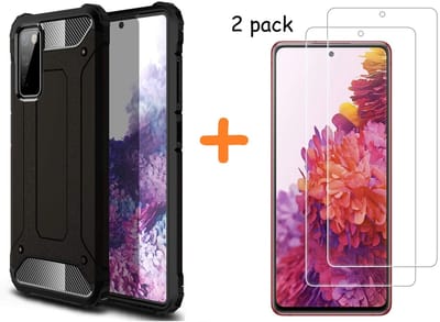 Hoesje Geschikt Voor Samsung Galaxy S20 FE Hoesje - rugged Armor Hybride case Zwart - Galaxy S20 FE screenprotector 2 pack Glazen tempered glass