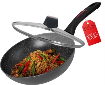 Royalty Line® FWN28 Wokpan Inductie - Ø 28 cm / 3.4 Liter - Wokpannen Voor Alle Warmtebronnen - Wok Pan Met Antiaanbaklaag - PFOA & PTFE Vrij - Wokpan Met Deksel - Zwart