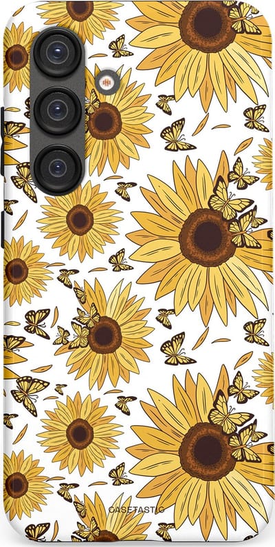 Casetastic Hoesje Geschikt voor Samsung S25 - Stijlvolle Beschermende Duo-layer Case - Zonnebloem Zomer met vlinders