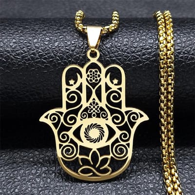 Collier pendentif Main de Fatima Hamsa Fleur de Vie pour Femmes Hommes Acier Inoxydable Doré Om Lotus Œil Chaîne Bijoux N8083S01 gray