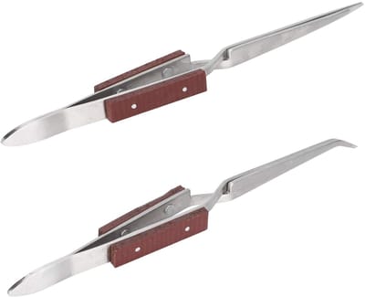 Dailygoods- Vergrendelpincet 2 Stuks - RVS/Houten Handvat - Antislip - Recht/Gebogen Punt - Sieraden Maken - Handgereedschap - Pincet
