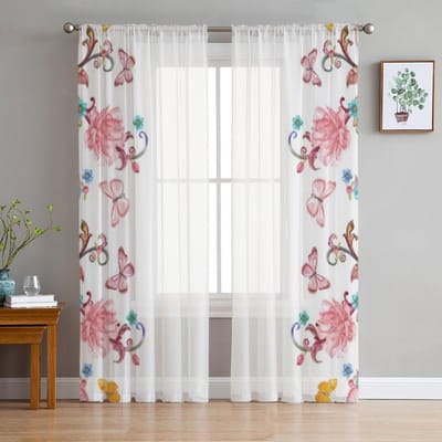 Bloemen Vlinder Wit Erker Raam Hor Gordijnen Draperie Paneel Transparant Tule Voor Woonkamer Slaapkamer Voile Organza Gordijnen 135W x 114H(cm) white