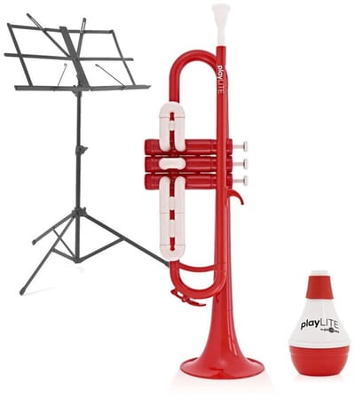 playLITE Hybride Trompet van Gear4music, Rood + Muziekstandaard & Demper