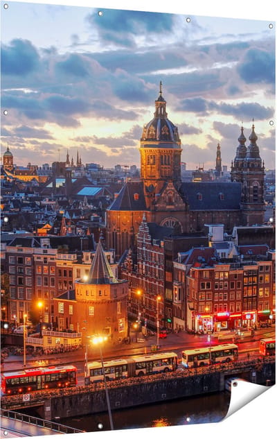 Gards Tuinposter Amsterdam Centrum Luchtfoto Zonsondergang - 120x160 cm - Tuindoek - Tuindecoratie - Wanddecoratie buiten - Tuinschilderij