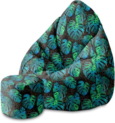 DreamRoots Velvet Zitzak voor Volwassenen – Luxe Beanbag met Voetsteun en Afneembare Hoes – Inclusief Vulling – 80x80x120 cm - Sea Green Monstera