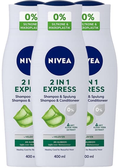 NIVEA 2 in 1 Express Shampoo & Conditioner – Met Aloë Vera Extract – 3 x 400 ml