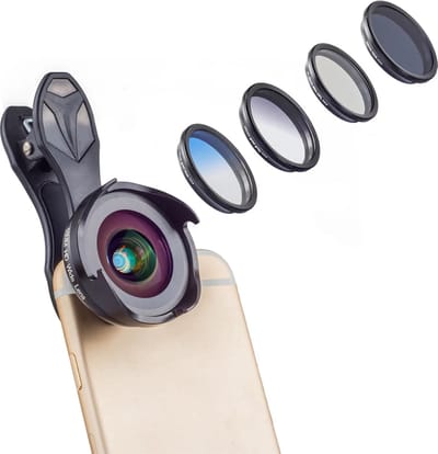 DrPhone APL-16MMS 6-in-1 Universele Telefoonlensset 16mm 0,6x Groothoeklens + 10x macrolenskit + filterserie CPL 4K 45mm(Circular Polarizing Lens) - 45mm ND8 Filter - 45mm Grad Blue Filter - 45mm Grad Gray Filter - Zwart