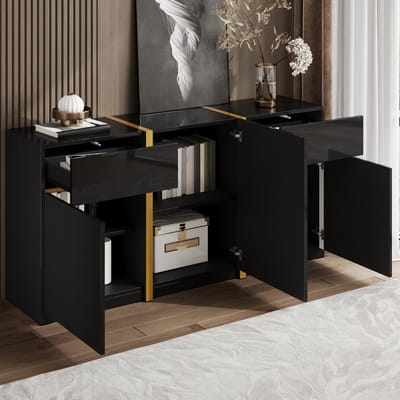 Luxe dressoir – hoogglans – modern opbergmeubel – drie deuren en twee lades – geschikt voor de woonkamer, eetkamer en hal – minimalistisch meubilair
