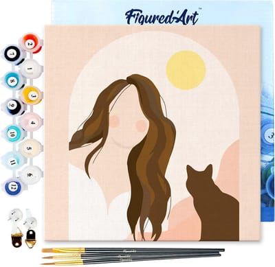 Figured'Art Mini Schilderen op Nummer Volwassenen 20x20cm met lijst Vrouw en haar kat - Klein Formaat Creatieve Hobby Kit DIY Art Nummer Compleet