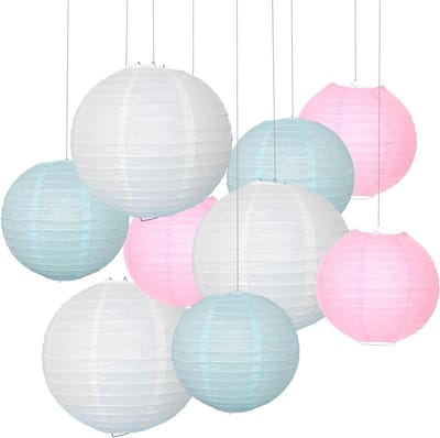 Set van 9 Hangende Papieren Lantaarns in Diverse Kleuren voor Feesten, Bruiloften en Thuisdecoratie in 2 Maten