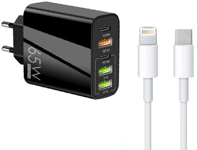 65W 5-Poorts USB Lader met Dual USB-C PD + 3X USB-A - Inclusief 1 meter 3A USB-C naar 8-Pin Kabel - Snellader - zwart