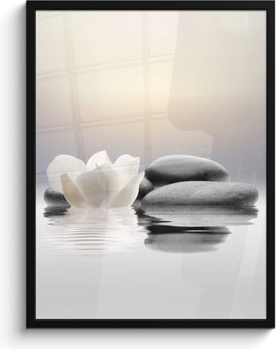 Poster in lijst - Fotolijst 60x80 cm - Posters - Stenen - Lotus - Wit - Water - Zen - Posterlijst zwart - Wanddecoratie badkamer - Muurdecoratie WC - Decoratieve accessoires - Toilet muur decoratie
