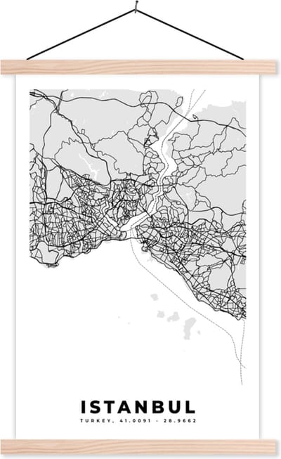 Posterhanger incl. Poster 40x60 cm - Schoolplaat - Istanbul - Plattegrond - Stadskaart - Zwart Wit - Kaart - Textielposter - Blanke latten - Stadskaart