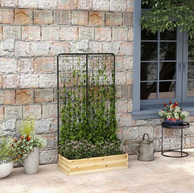 MEUNIQ Moestuinbak met klimrek 80 x 38 x 145 cm, houten plantenbak met vliesinzet en 2 drainagegaten, 47L kruidenbak en bloembak voor tuin en balkon