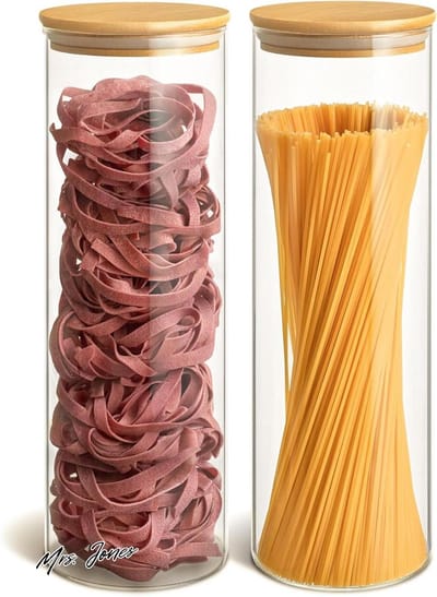 Mrs. Jones Glazen Voorraadpotten Set van 2 - Luchtdichte Potten met Bamboe Deksel - Spaghetti Bewaardoos - Keukenopslag - Voedselcontainer .