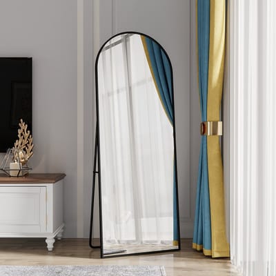 Gebogen staande spiegel 162x53 cm, met verstelbare standaard, zwart aluminium frame, hangend of staand, voor slaapkamer, woonkamer of garderobe