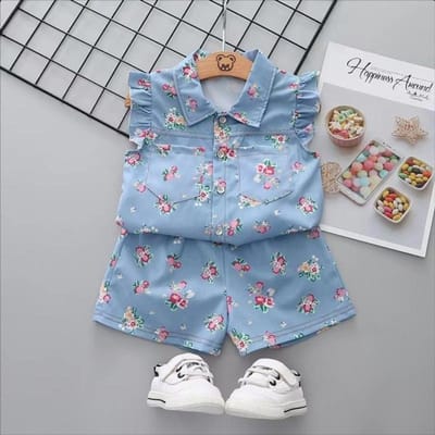 Ensemble 2 pièces T-shirt et Short Imprimé Mignon pour Filles Tenue Décontractée pour Bébé Enfant Vêtements d'Été Costume d'Enfant 12M bleu