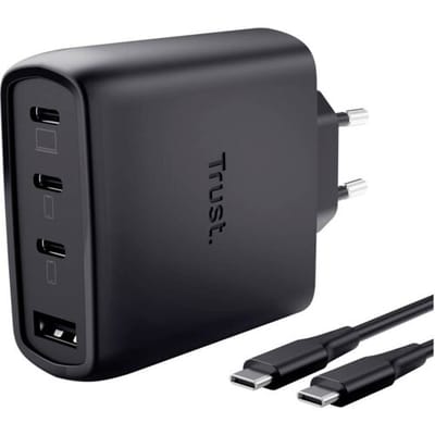 Trust Maxo GaN - 65W USB Oplader - 4 Poorten - 3x USB-C en 1x USB-A - Ook voor 45W Laptops - Snellader voor laptop, tablet en smartphone - 2m Kabel - Zwart