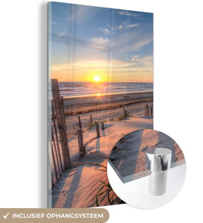 MuchoWow® Glasschilderij 60x90 cm - Schilderij acrylglas - Strand - Zee - Duin - Zonsondergang - Landschap - Foto op glas - Muurdecoratie woonkamer - Wanddecoratie slaapkamer - Schilderijen