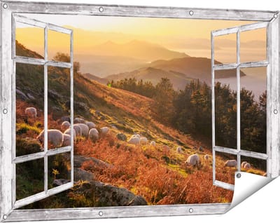 Gards Tuinposter Doorkijk Schapen in de Bergen - 120x80 cm - Tuindoek - Tuindecoratie - Wanddecoratie buiten - Tuinschilderij