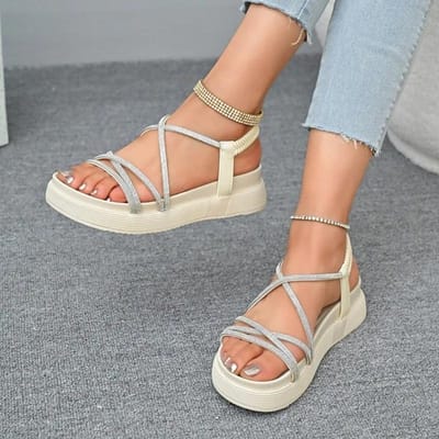 Damesschoenen Elastische Band Dames Sandalen Mode Open Teen Casual Sandalen Dames Zomer Kristal Best Seller Platform Sandalen 41 beige