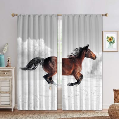 2 stuks Zwart Wit Paarden Wedstrijd Racen Printen Raamgordijnen voor Woonkamer Keuken Kinder Slaapkamer Decor Hangend Gordijn W60H60(CM)x2PCS&HOOK