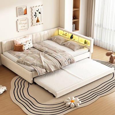 DESMIU Gestoffeerd Bed 140x200cm Zonder Matras, Daybed Met Uittrekbed, Hoofdeinde Met Opbergvakken En Usb C, Voor Slaapkamer, Linnen, Beige