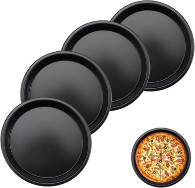 Set van 4 Ronde Pizza Schalen, Antiaanbaklaag, Carbon Staal, Perfect voor Pizza, Flammkuchen en Taartdecoratie