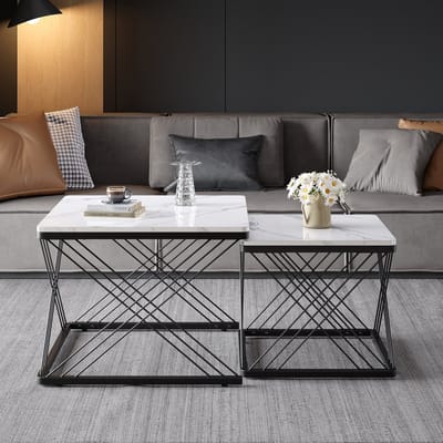 MODFU Set 2 nestbare hoogglans salontafels marmerprint 60x60x45 & 45x45x40 cm — verstelbare poten, 30 kg