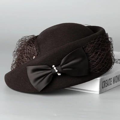Chapeau Cloche en Laine Mélangée Australienne pour Femme Beret à Voilette avec Nœud Chapeau de Soirée Chapeau en Feutre Hiver Mode 56-58cm black
