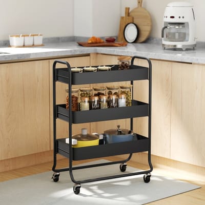 STILVORA Keukenwagen - 3-Laags Opbergwagen Met Manden En Wielen - Voor Keuken Badkamer En Woonkamer - Metaal - 64,5x34x87 Cm - Zwart