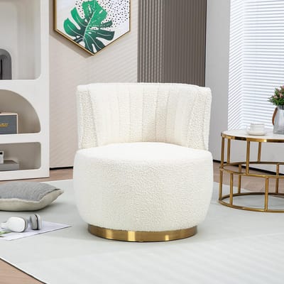 PugsdrlyModerne 360 graden draaistoel, ronde draaistoel, zachte fluwelen afwerking, comfortabele rugleuning, stevig frame, salonstoel, kuipstoel, geschikt voor de woonkamer, slaapkamer, kantoor, wit