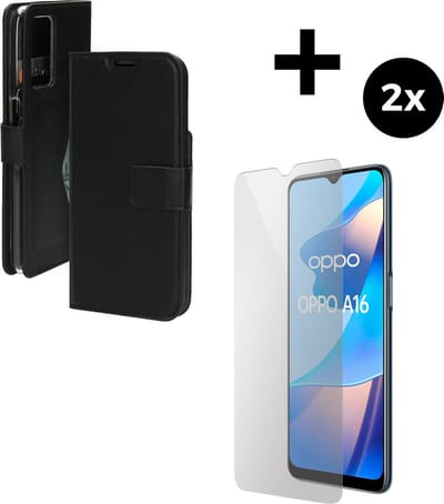 Mobiparts Classic Wallet hoesje geschikt voor Oppo A16 met 2 Screenprotectors van Gehard Glas - Zwart