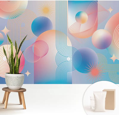 Wallfluent Behang - Kleurrijke abstractie Muurbehang - 208x146 cm - Blauw Behang - Voor liefhebbers van bloemen en elegante interieurdecoratie - Behang Voor de slaapkamer, woonkamer en hal - Behangrol Abstractie