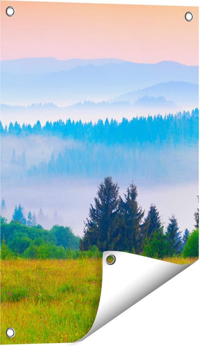 Gards Tuinposter Mistige Heuvel Landschap met Bossen - 40x60 cm - Tuindoek - Tuindecoratie - Wanddecoratie buiten - Tuinschilderij