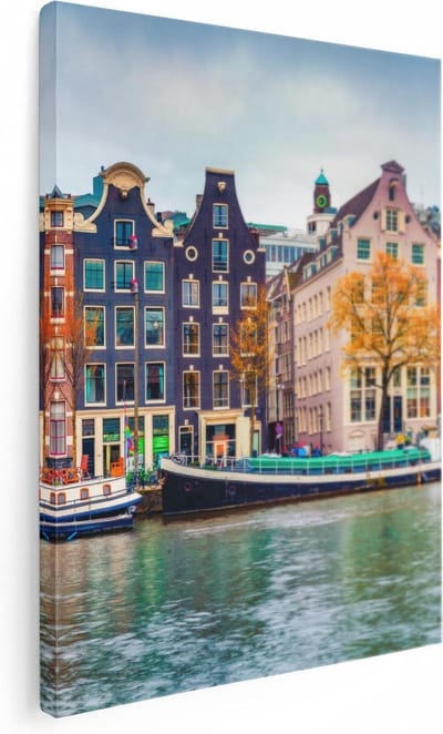 Artaza Canvas Schilderij Amsterdamse Grachten - 30x40 cm - Klein - Wanddecoratie Woonkamer - Muurdecoratie Boot - Kamer Accessoires Herfst