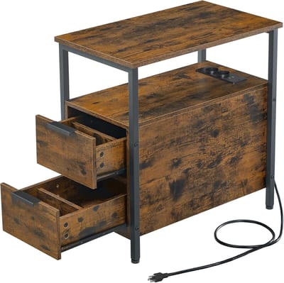 Conway Living - Bijzettafel - Nachtkastje met 2 Lades - Stekkerdoos - Vintage Bruin - 60x35x61 cm