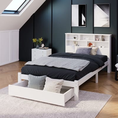 KOMHTOM Kinderbed met laden en Junior boekenkast Massief houten Eenpersoonsbed 90x200cm wit